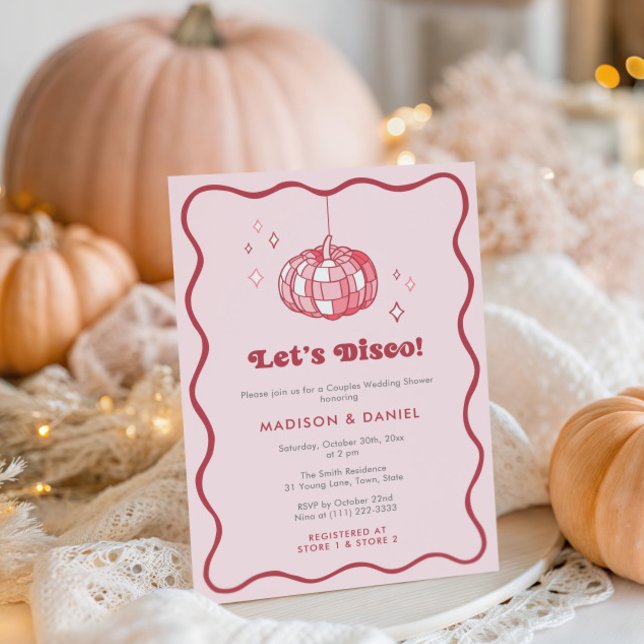 Disco Ball Pumpkin Cherry Pink Wedding Shower Invitation (Pink Disco Ball Pumpkin co-ed wedding shower invitation with trendy wavy squiggle border)