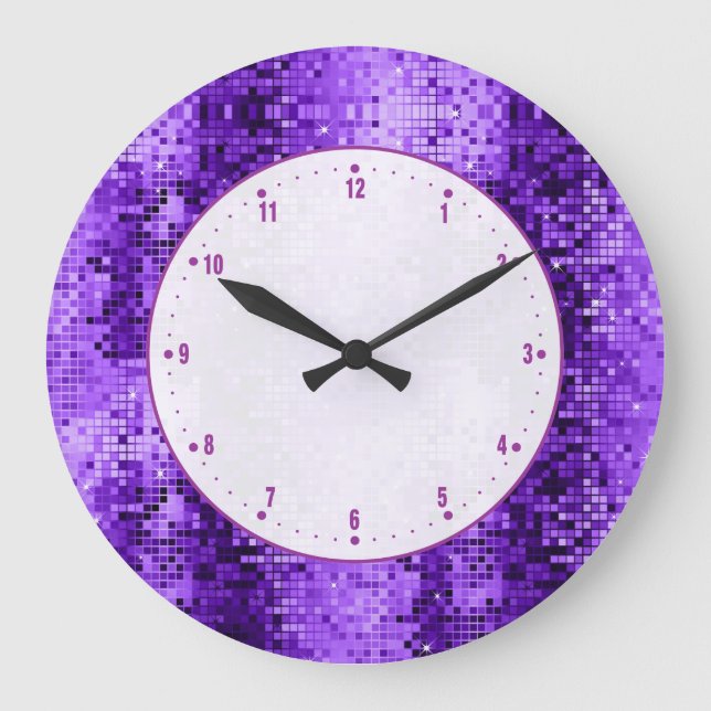 Disco Ball Purple Glitter And Sparkles Large Clock (Front)