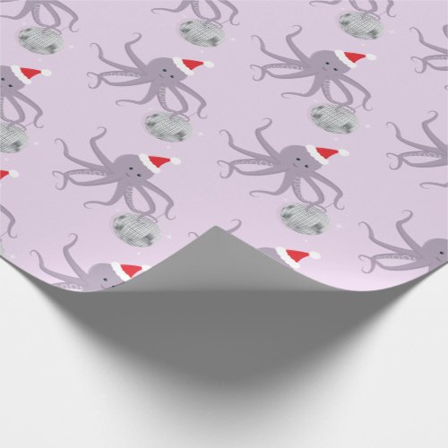 Disco Ball Purple Octopus Santa Hat Christmas Wrapping Paper