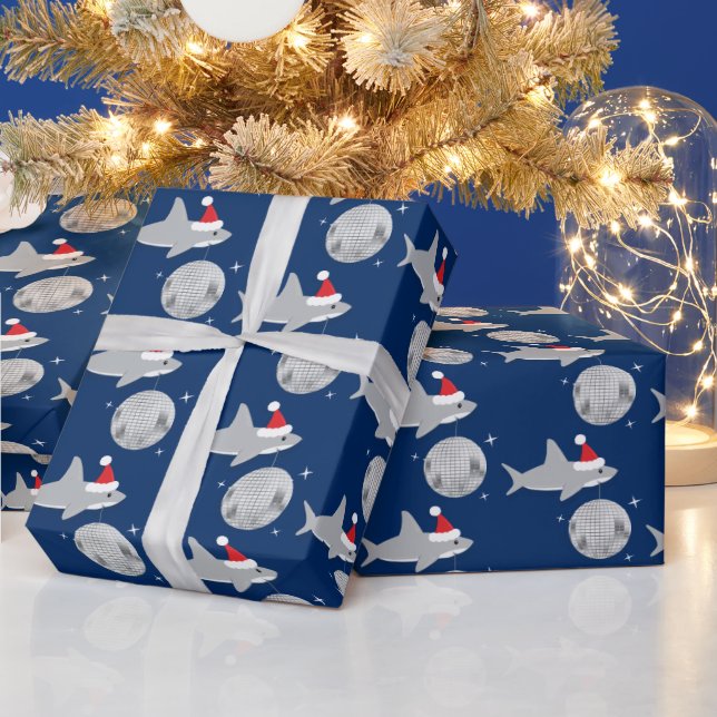 Disco Ball Shark Santa Hat Christmas Wrapping Paper (Holidays)