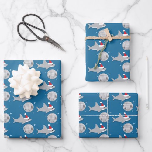 Disco Ball Shark Santa Hat Christmas Wrapping Paper Sheets