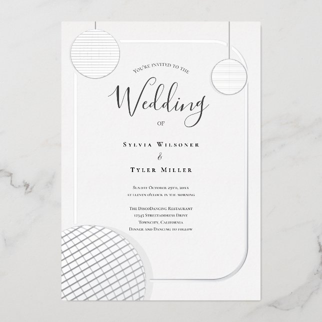 Disco Ball Silver Retro Wedding Foil Invitation (Front)