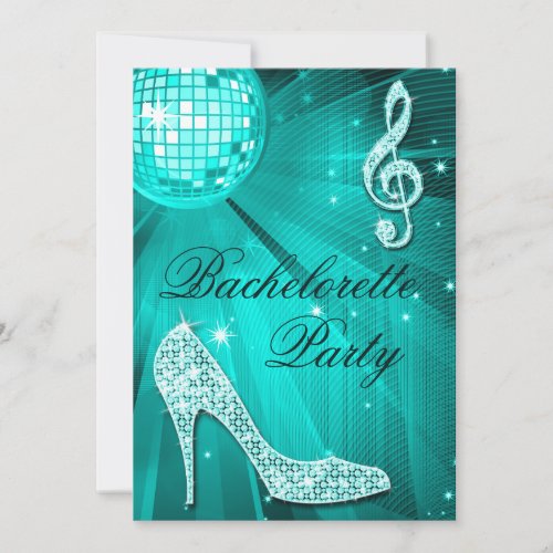 Disco Ball Sparkle Heels Teal Bachelorette Party Personalized Invitation