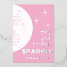 Disco Ball Sparkle Silver Foil Holiday Card Pink