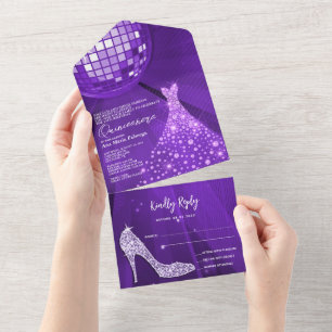 Disco Ball, Stiletto, Ball Gown Purple Quinceañera All In One Invitation