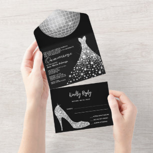 Disco Ball, Stiletto & Ball Gown Quinceañera All In One Invitation
