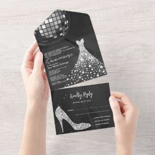 Disco Ball, Stiletto & Ball Gown Quinceañera All In One Invitation