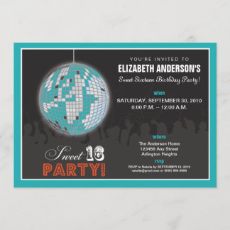 Disco Ball Sweet 16 Birthday Party Invite (aqua)