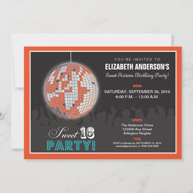 Disco Ball Sweet 16 Birthday Party Invite (orange) (Front)