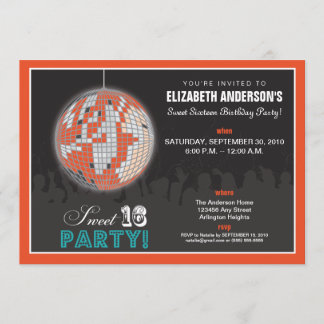 Disco Ball Sweet 16 Birthday Party Invite (orange)