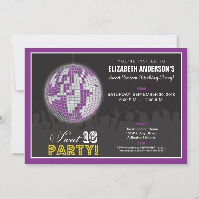 Disco Ball Sweet 16 Birthday Party Invite (purple) (Front)