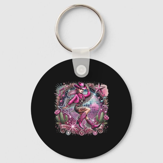 Disco Ball Tattoo Pink Cowboy Cowgirl  Keychain (Front)