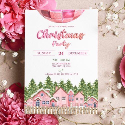 Disco Ball Village Pink Christmas Party Invitation