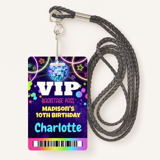 Disco Ball VIP Backstage Pass Birthday Lanyard Badge (Front with Lanyard)