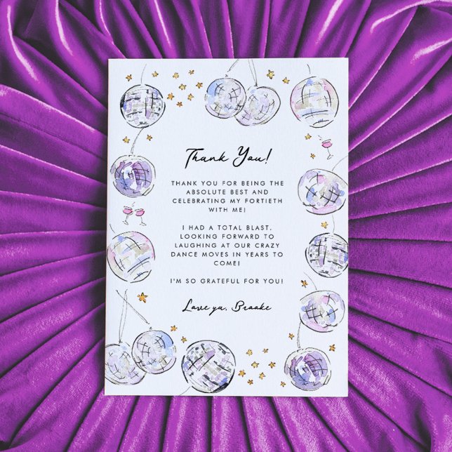 Disco Ball Watercolor Birthday Party Thank You Card (Watercolor painted disco balls frame this fabulous flat Thank You card.)