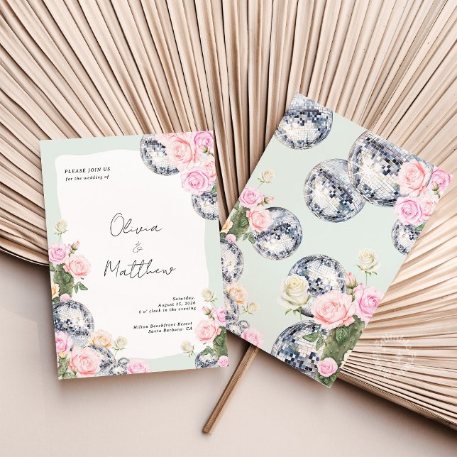 Disco Ball Wedding Invitation Floral Green ( )