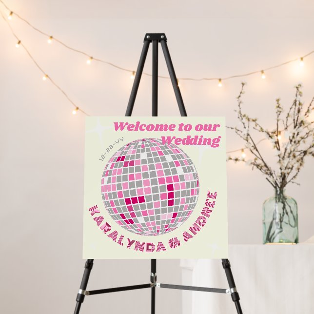 Disco Ball Wedding Welcome Sign Hot Pink (In Situ (Stand))