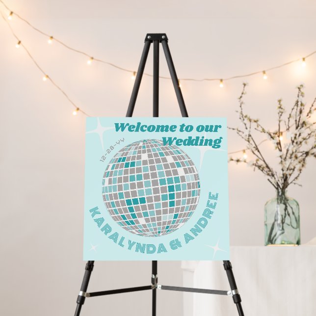 Disco Ball Wedding Welcome Sign Teal Blue Aqua (In Situ (Stand))