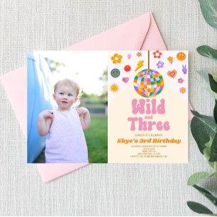 Disco Ball Wild and Three Photo 3rd Birthday Party Invitation