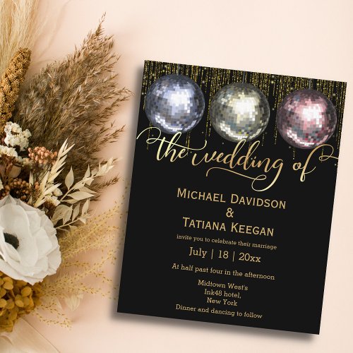 disco balls glitters golden wedding invitation