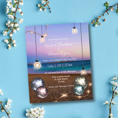 disco balls lights beach  wedding invitation flyer