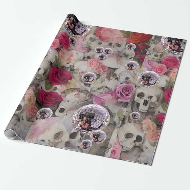 Disco Balls! Skulls and Roses Wrapping Paper (Unrolled)