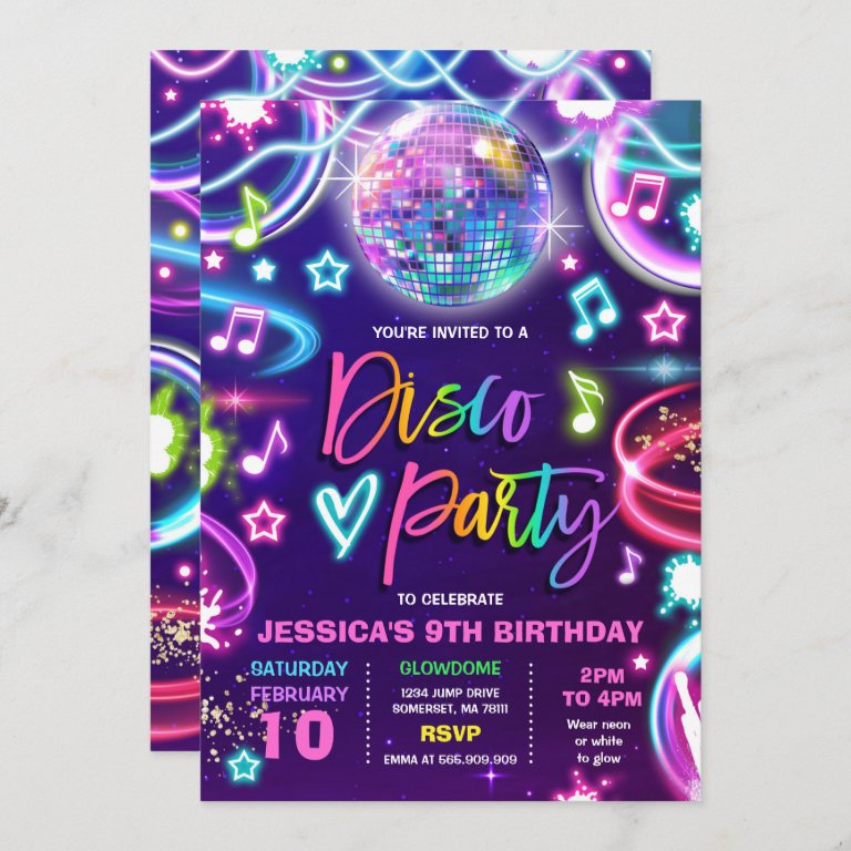 Disco Birthday Party Neon Glow Disco Dance Party                    Invitation