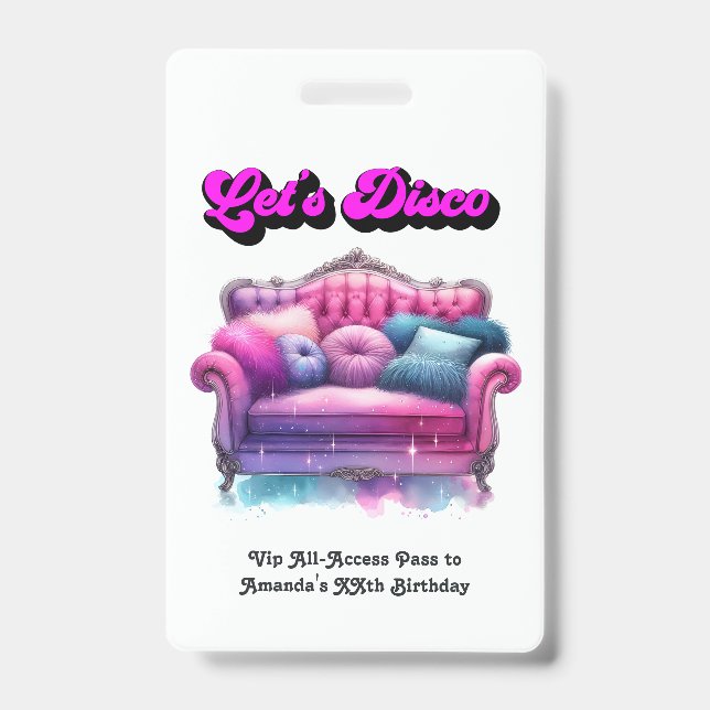 Disco Birthday Party VIP Pass – Let’s Disco Party Badge (Front)