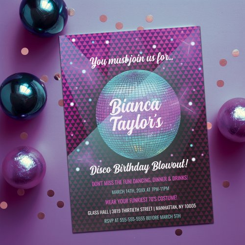 Disco Blowout Purple and Pink Birthday Party Invitation