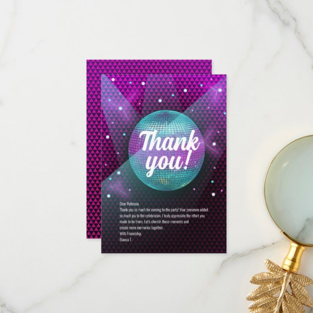 Disco Blowout Purple and Pink Birthday Party Thank You Card (Front/Back In Situ)