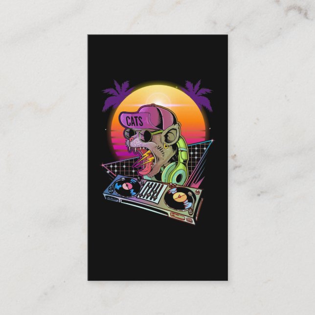 Disco Cat DJ Vaporwave 80s 90s Techno Music Lover Business Card (Front)