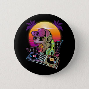 Disco Cat DJ Vaporwave 80s 90s Techno Music Lover Button