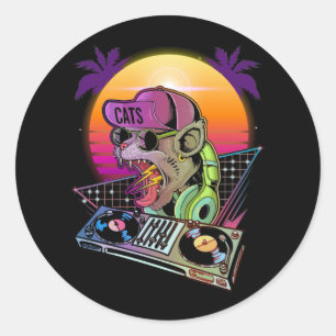 Disco Cat DJ Vaporwave 80s 90s Techno Music Lover Classic Round Sticker