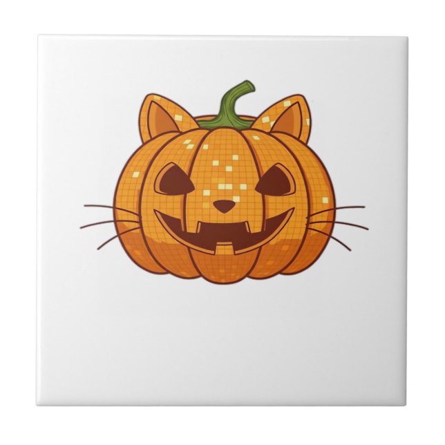 Disco Cat Jack o'Lantern Classic T-Shirt Ceramic Tile (Front)