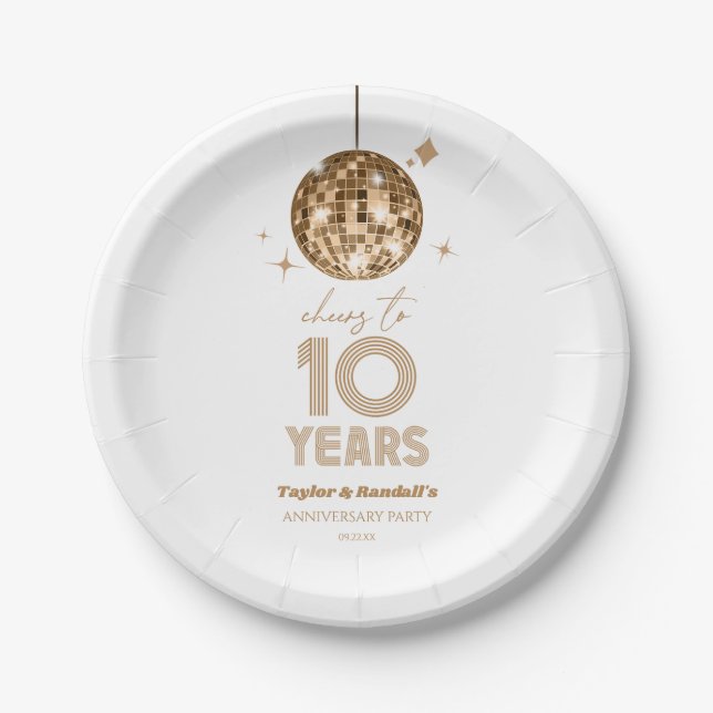 Disco Cheers 10 Years Wedding Anniversary Party Paper Plates (Front)