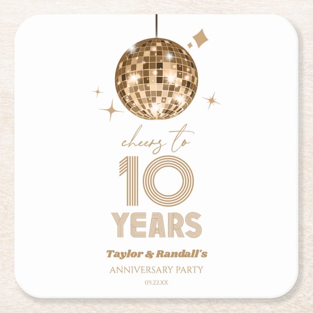 Disco Cheers 10 Years Wedding Anniversary Party Square Paper Coaster (Front)