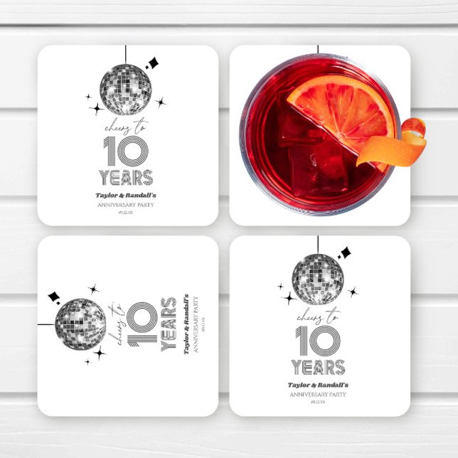 Disco Cheers 10 Years Wedding Anniversary Party Square Paper Coaster (Creator Uploaded)