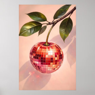 Disco Cherry Poster, Retro Disco Ball Fruit Art Poster