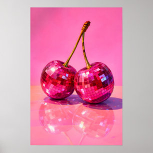 Disco Cherry Poster, Y2K Mirror Ball Fruit Print