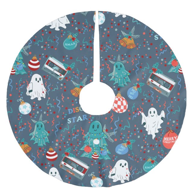 disco christmas music cassette ghost brushed polyester tree skirt (Front)