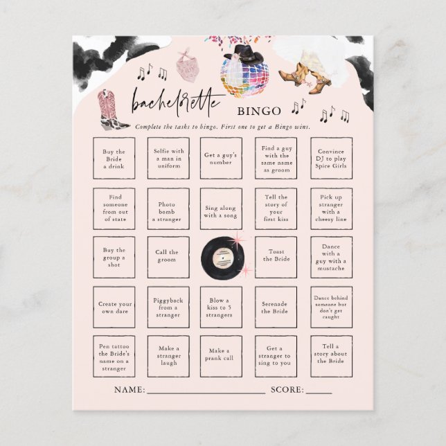Disco Cowgirl | Bachelorette Bingo Party Game Card (Front)