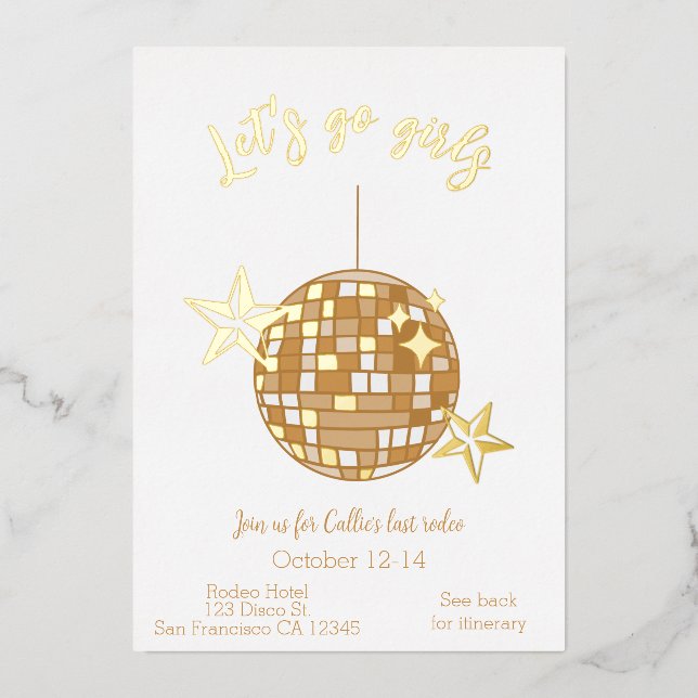 Disco Cowgirl Bachelorette Itinerary Last Rodeo Foil Invitation (Front)