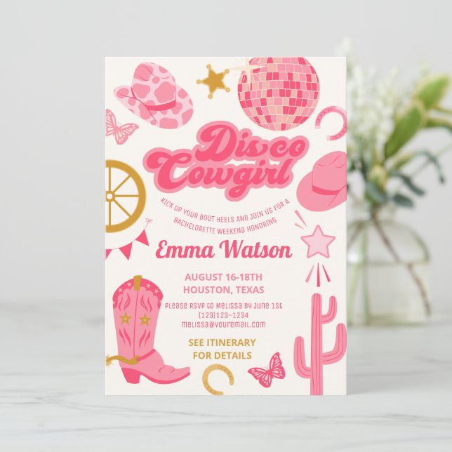 Disco Cowgirl Bachelorette Party Invitation (Standing Front)