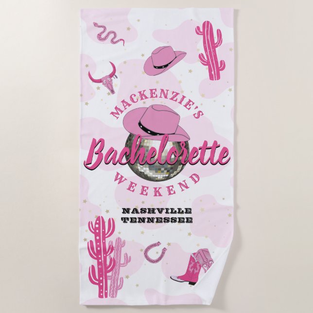 Disco Cowgirl Bachelorette Weekend Party Beach Towel (Front)