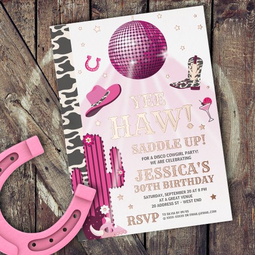 Disco cowgirl birthday party invitation foil invitation