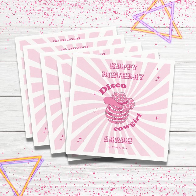 Disco Cowgirl Birthday Party Paper Napkin (Disco Cowgirl Napkin with name and date, pink)