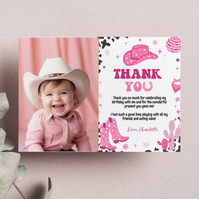 Disco Cowgirl Birthday Photo Thank You Card (Creator Uploaded)