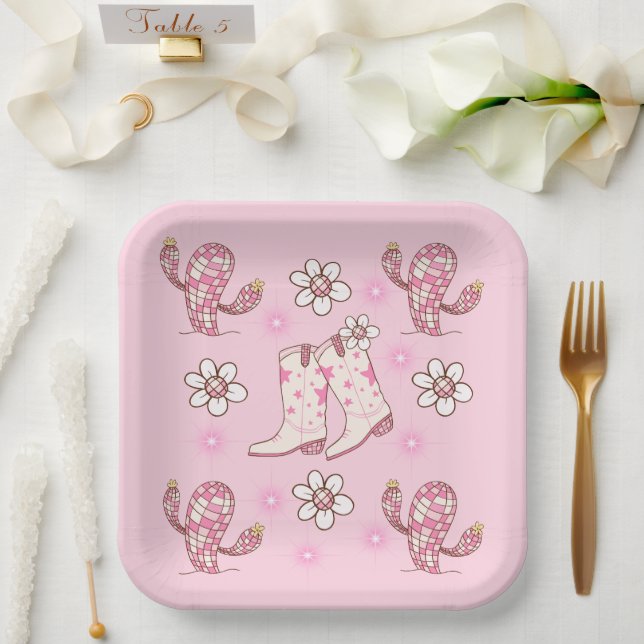 Disco Cowgirl Boot Cactus and Flowers Paper Plates (Wedding)