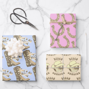 Disco Cowgirl Boot Horseshoe Pink Blue Beige Gold Wrapping Paper Sheets