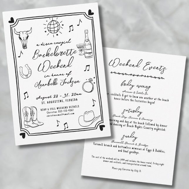 Disco Cowgirl Hand Drawn Bachelorette Party Invitation (Disco Cowgirl Hand Drawn Bachelorette Party Invitation)